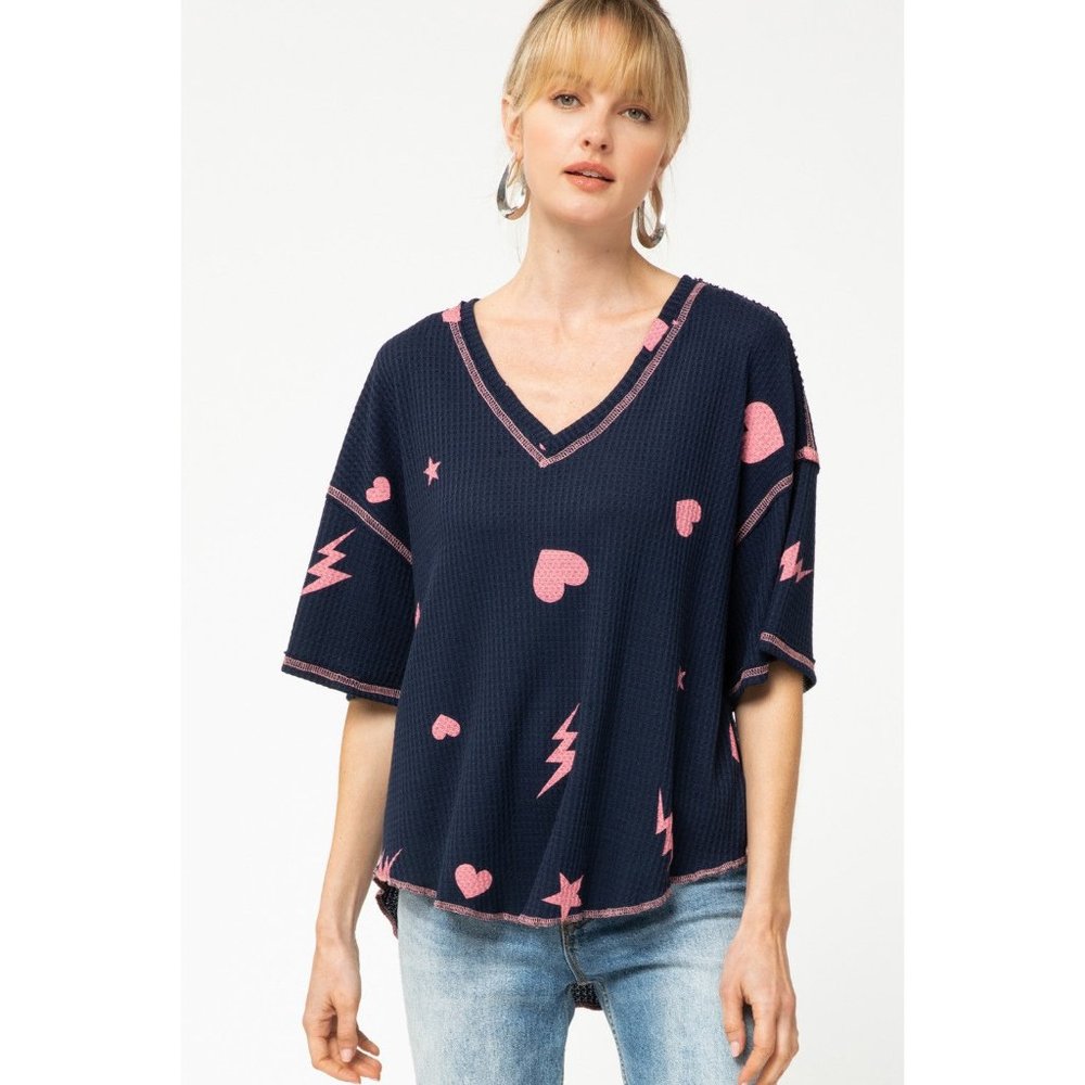 Entro Navy & Pink Waffle Knit Top